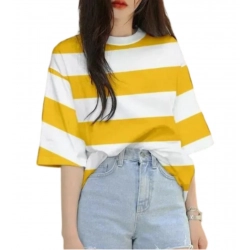 Generic Women's Lycra Striped Round Neck Short Sleeve T-Shirt (White-Yellow)