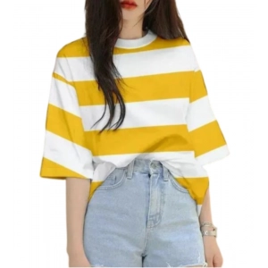 Generic Women's Lycra Striped Round Neck Short Sleeve T-Shirt (White-Yellow)