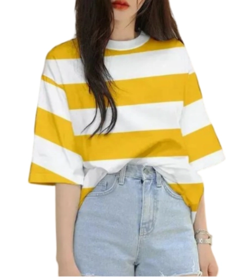 Generic Women's Lycra Striped Round Neck Short Sleeve T-Shirt (White-Yellow)