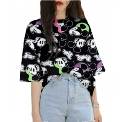 Generic Women's Lycra Printed Round Neck Short Sleeve T-Shirt (Black)