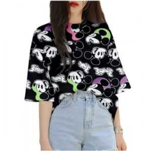 Generic Women's Lycra Printed Round Neck Short Sleeve T-Shirt (Black)