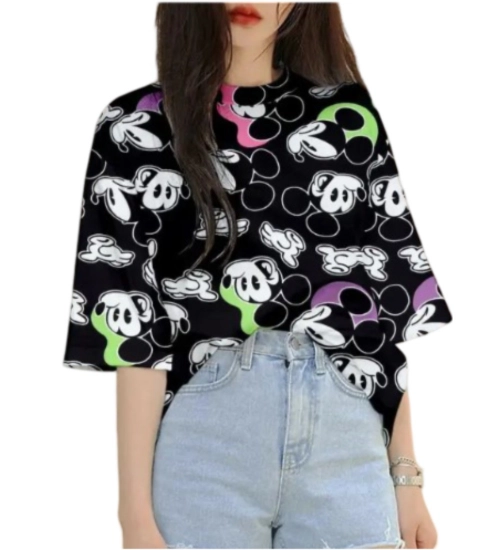 Generic Women's Lycra Printed Round Neck Short Sleeve T-Shirt (Black)