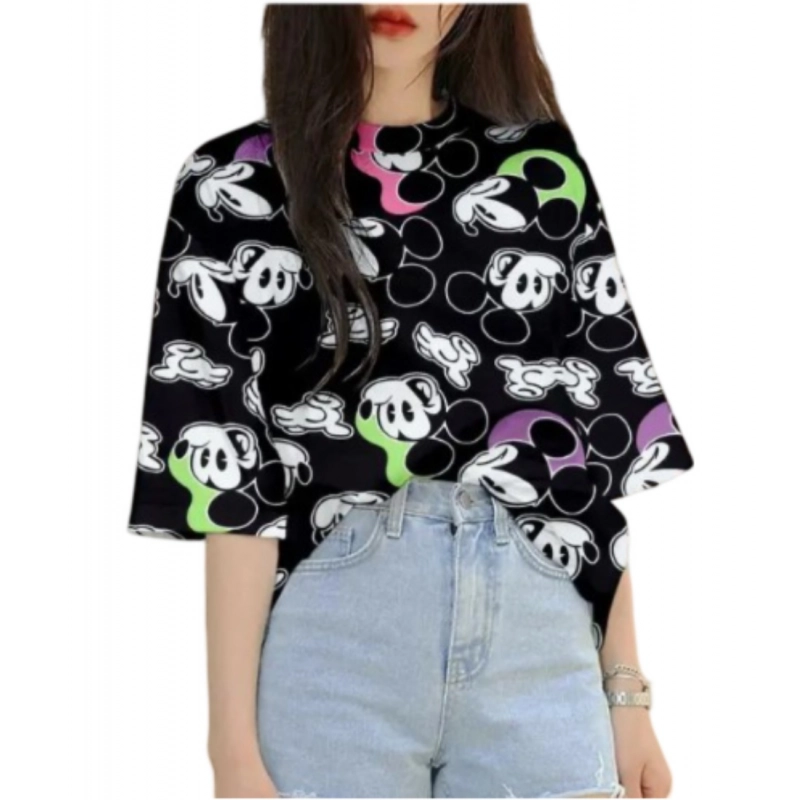 Women's Lycra Printed Round Neck Short Sleeve T-Shirt (Black)