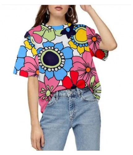 Generic Women's Lycra Printed Round Neck Short Sleeve T-Shirt (Multicolor)