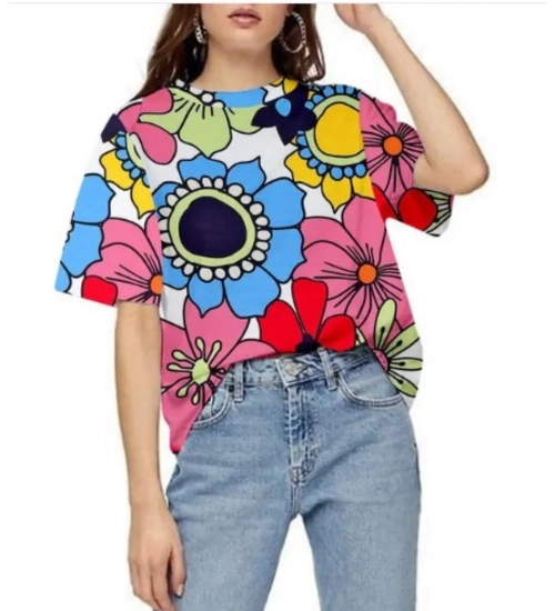 Generic Women's Lycra Printed Round Neck Short Sleeve T-Shirt (Multicolor)