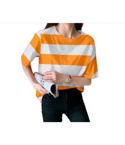 Generic Women's Lycra Striped Round Neck Short Sleeve T-Shirt (White-Orange) Generic Women's Lycra Striped Round Neck Short Sleeve T-Shirt (White-Orange)