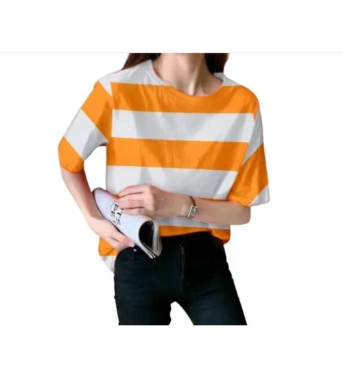 Generic Women's Lycra Striped Round Neck Short Sleeve T-Shirt (White-Orange)