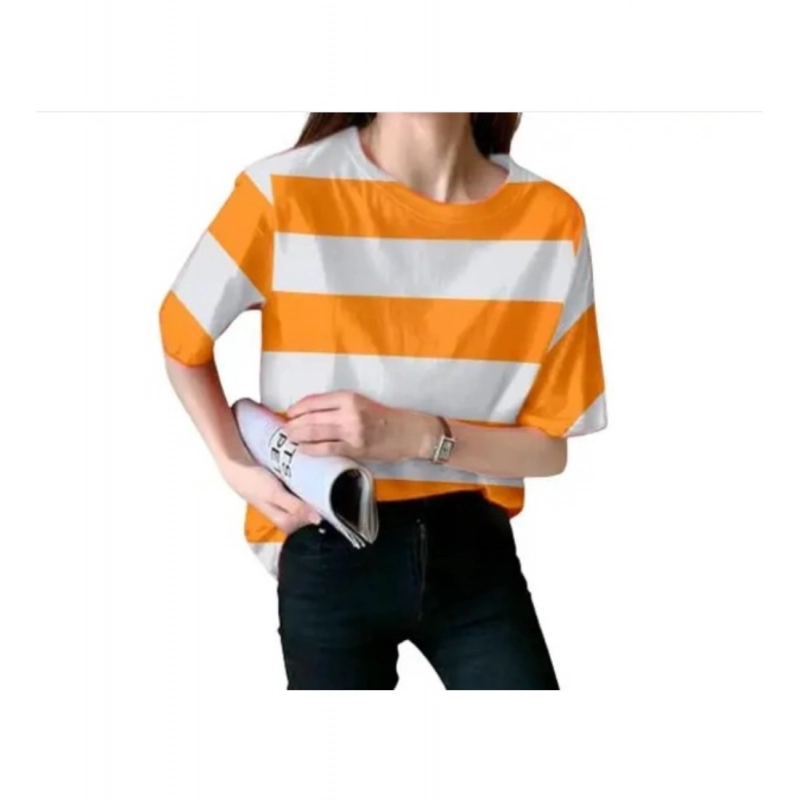 Women's Lycra Striped Round Neck Short Sleeve T-Shirt (White-Orange) Women's Lycra Striped Round Neck Short Sleeve T-Shirt (White-Orange)
