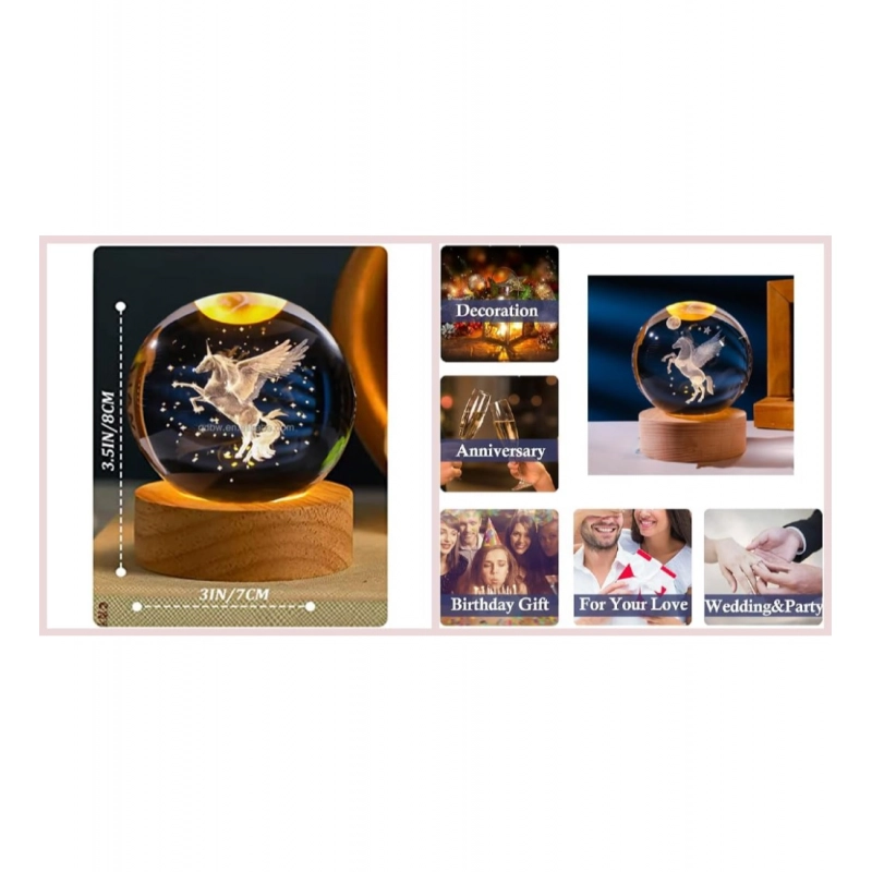 Wood 3D Unicorn Crystal Ball Lamp (Transparent)