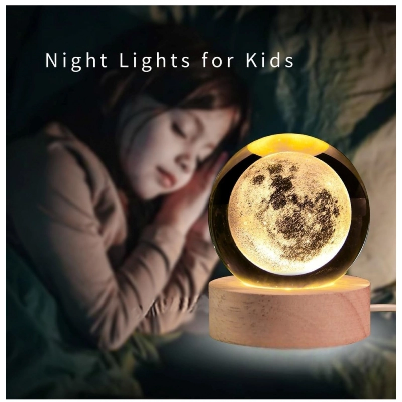 Wood 3D Moon Crystal Ball Night Lamp Colorful LED Wooden for Moon (Transparent)