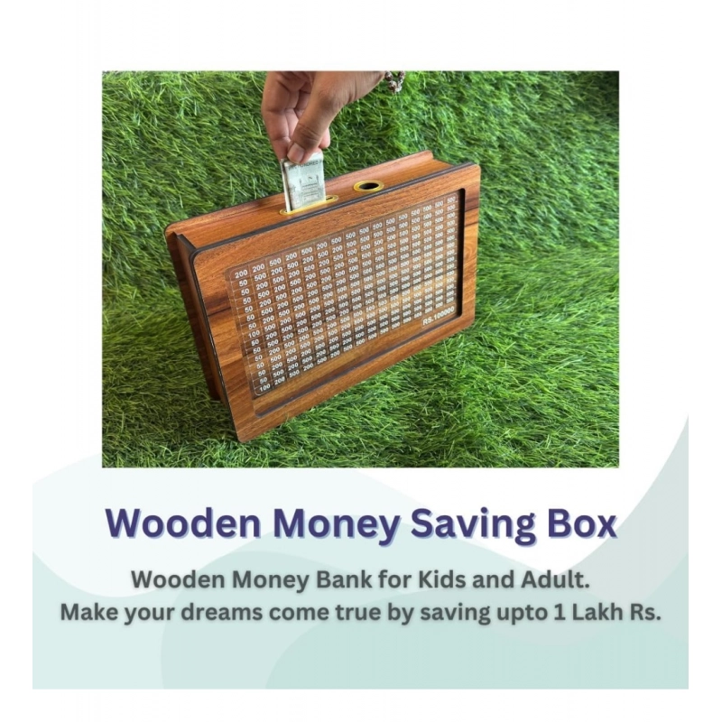 Wood Piggy Bank Wooden Coin Box with Carved Design for Kids (Brown)