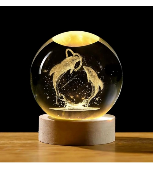 Generic Wood 3D Dolphin Crystal Ball Night Light Dolphin Love (Transparent)