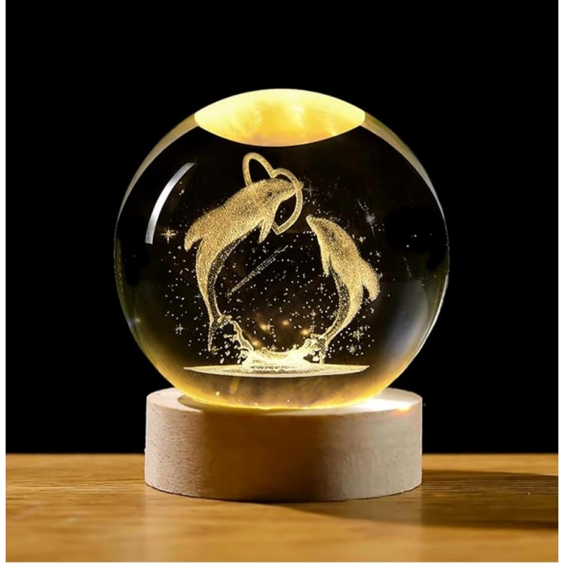Wood 3D Dolphin Crystal Ball Night Light Dolphin Love (Transparent)
