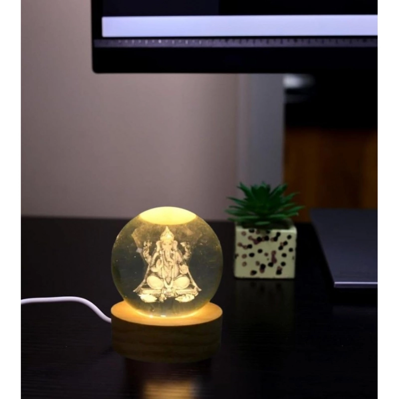 Wood Lord Ganesh Ji Crystal Ball Night Light (Transparent)