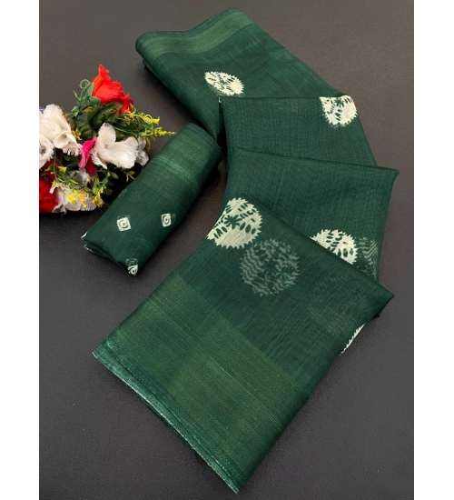Generic Women's Cotton Blend Printed Saree With Unstitched Blouse (Green, 5-5 Mtrs)
