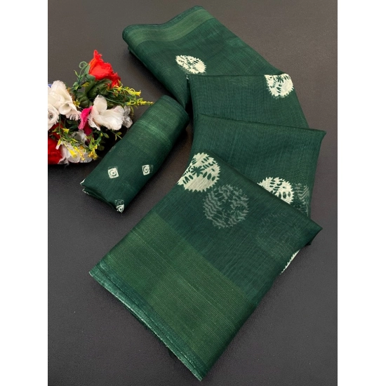Generic Women's Cotton Blend Printed Saree With Unstitched Blouse (Green, 5-5 Mtrs)