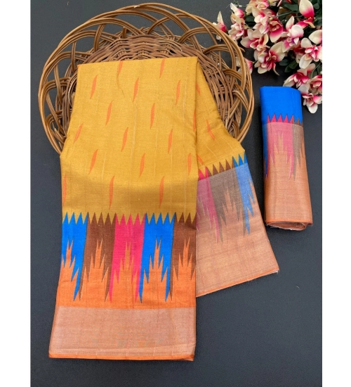 Generic Women's Cotton Blend Printed Saree With Unstitched Blouse (Mustard, 5-5 Mtrs)