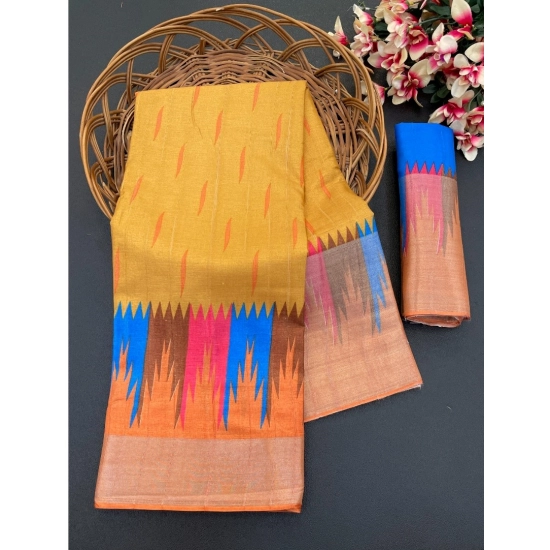 Generic Women's Cotton Blend Printed Saree With Unstitched Blouse (Mustard, 5-5 Mtrs)