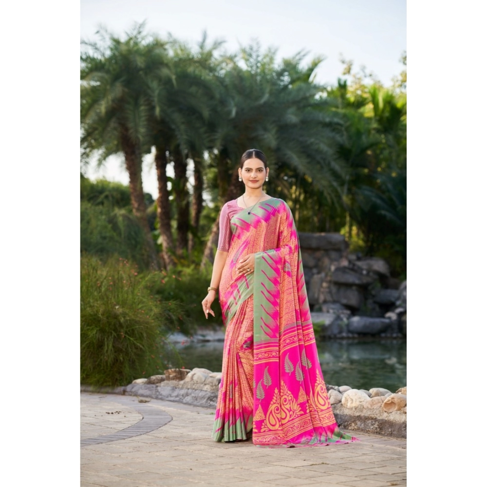 Generic Women's Crepe Printed Saree With Unstitched Blouse (Pink, 5-5 Mtrs)
