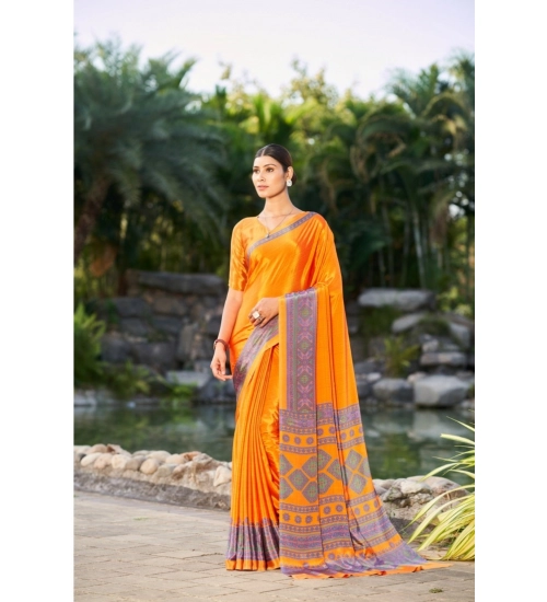 Generic Women's Crepe Printed Saree With Unstitched Blouse (Orange, 5-5 Mtrs)