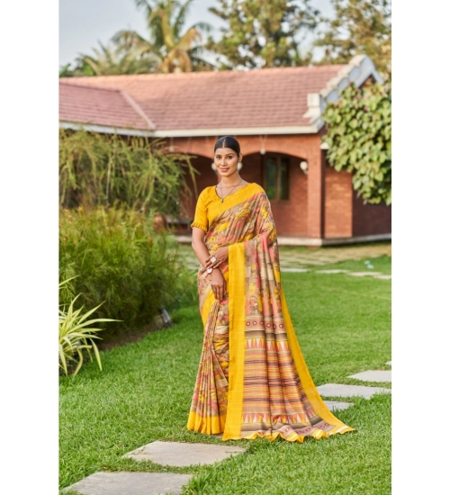 Generic Women's Crepe Printed Saree With Unstitched Blouse (Mustard, 5-5 Mtrs)