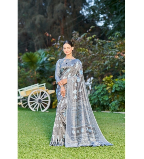 Generic Women's Crepe Printed Saree With Unstitched Blouse (Grey, 5-5 Mtrs)