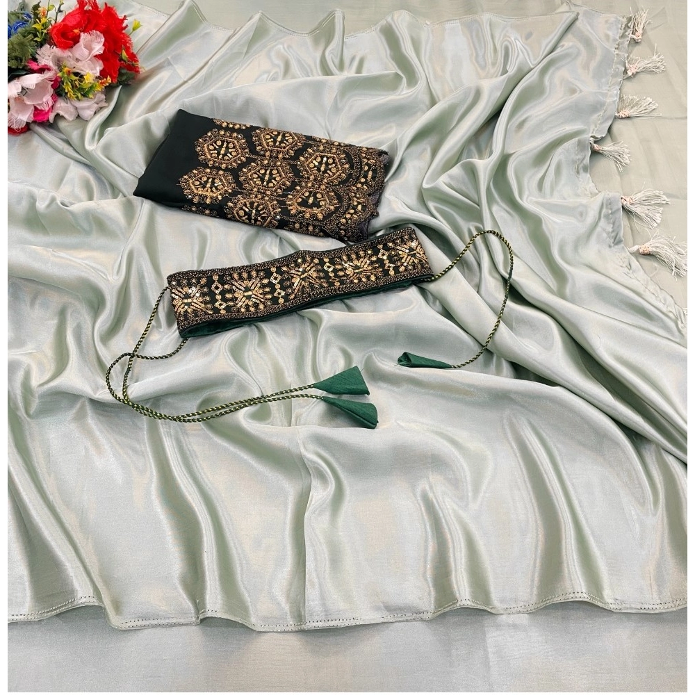 Generic Women's Satin Solid Saree With Unstitched Blouse (Green, 5-5 Mtrs)