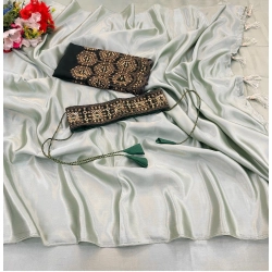 Generic Women's Satin Solid Saree With Unstitched Blouse (Green, 5-5 Mtrs)