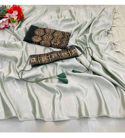 Generic Women's Satin Solid Saree With Unstitched Blouse (Green, 5-5 Mtrs)