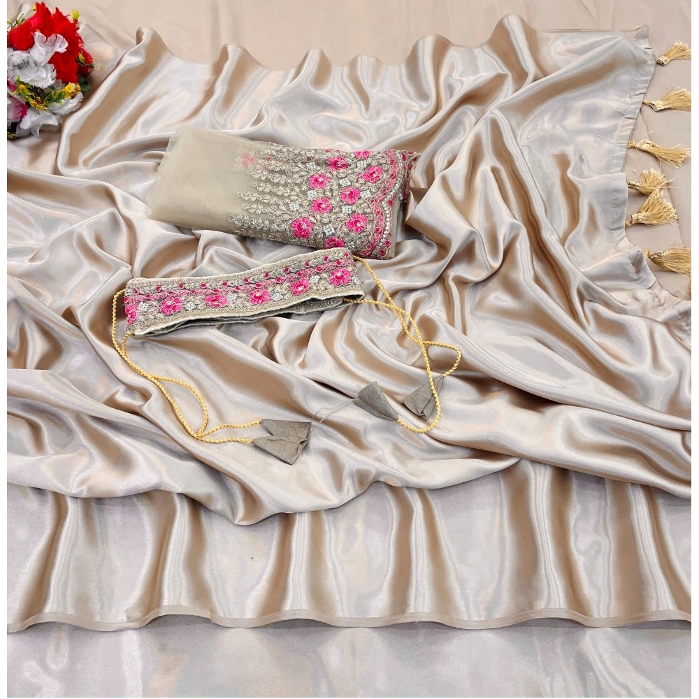 Generic Women's Satin Solid Saree With Unstitched Blouse (Beige, 5-5 Mtrs) Generic Women's Satin Solid Saree With Unstitched Blouse (Beige, 5-5 Mtrs)