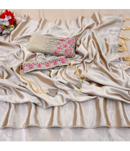 Generic Women's Satin Solid Saree With Unstitched Blouse (Beige, 5-5 Mtrs)