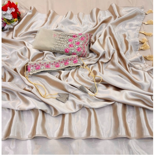 Women's Satin Solid Saree With Unstitched Blouse (Beige, 5-5 Mtrs)