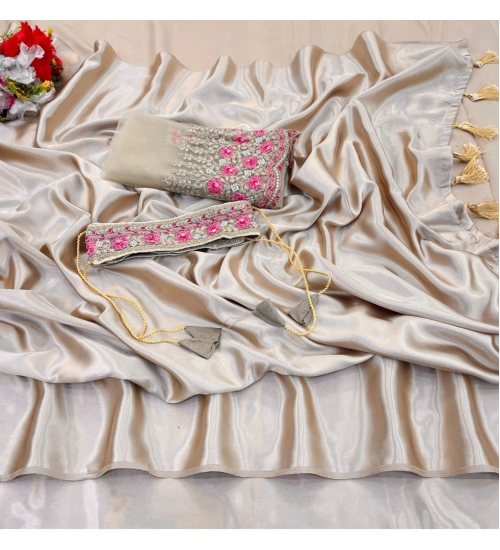 Generic Women's Satin Solid Saree With Unstitched Blouse (Beige, 5-5 Mtrs)
