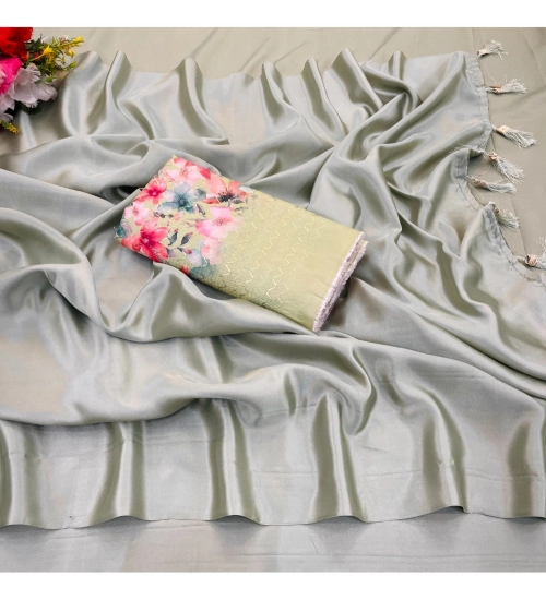 Generic Women's Satin Solid Saree With Unstitched Blouse (Offwhite, 5-5 Mtrs)