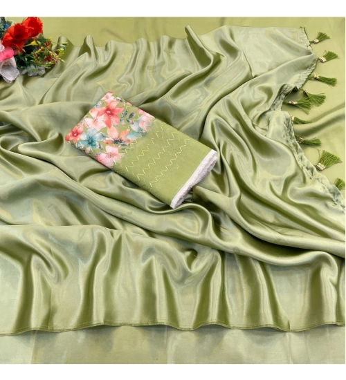 Generic Women's Satin Solid Saree With Unstitched Blouse (Mehendi, 5-5 Mtrs)