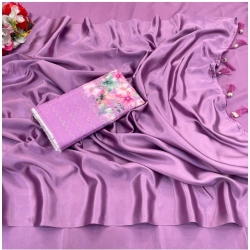 Generic Women's Satin Solid Saree With Unstitched Blouse (Purple, 5-5 Mtrs)