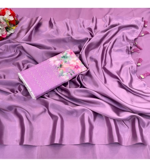 Generic Women's Satin Solid Saree With Unstitched Blouse (Purple, 5-5 Mtrs)