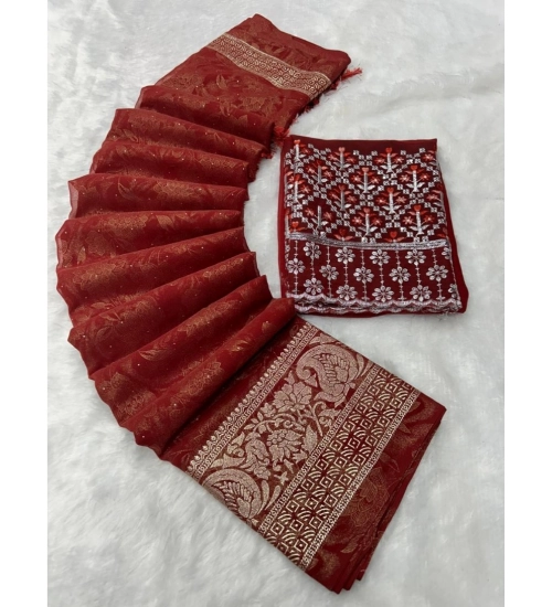 Generic Women's Georgette Printed Saree With Unstitched Blouse (Orange, 5-5 Mtrs)