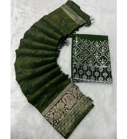 Generic Women's Georgette Printed Saree With Unstitched Blouse (Green, 5-5 Mtrs)