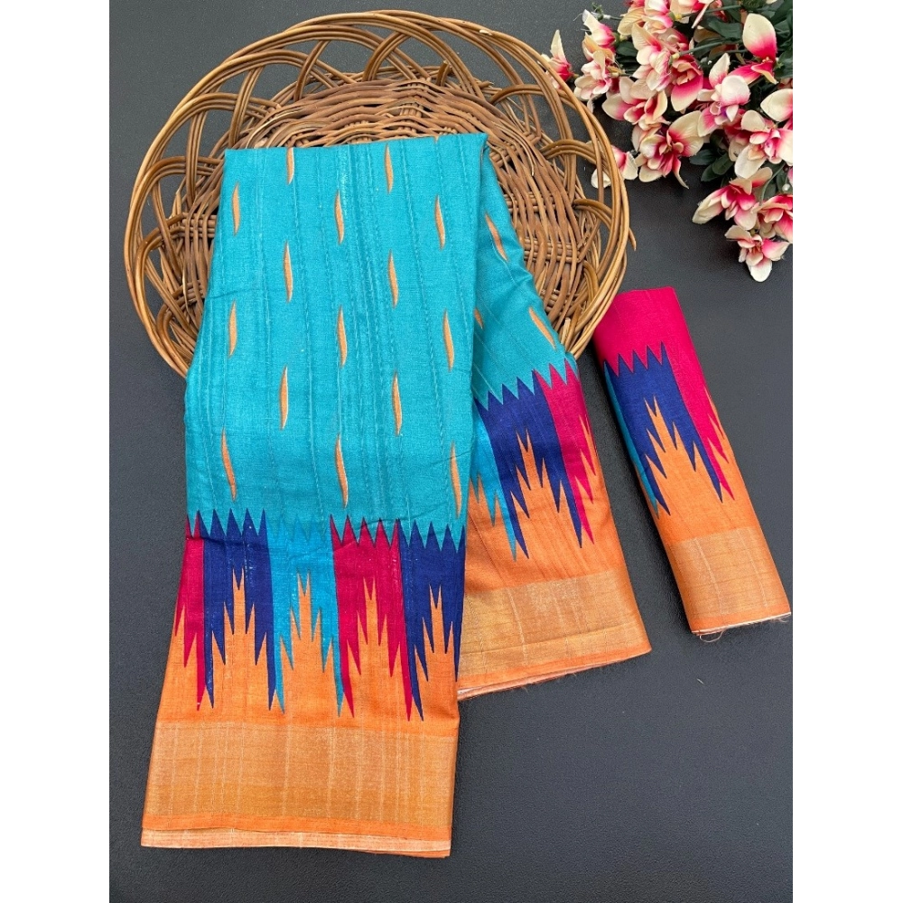 Generic Women's Cotton Blend Printed Saree With Unstitched Blouse (Blue, 5-5 Mtrs)