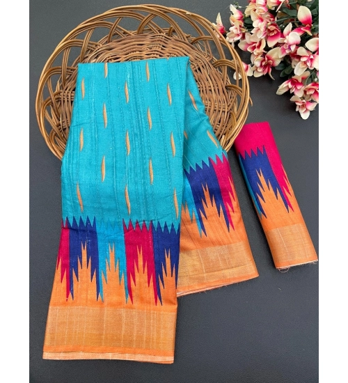 Generic Women's Cotton Blend Printed Saree With Unstitched Blouse (Blue, 5-5 Mtrs)