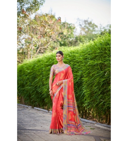 Generic Women's Crepe Printed Saree With Unstitched Blouse (Red, 5-5 Mtrs)