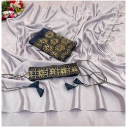 Generic Women's Satin Solid Saree With Unstitched Blouse (Grey, 5-5 Mtrs)