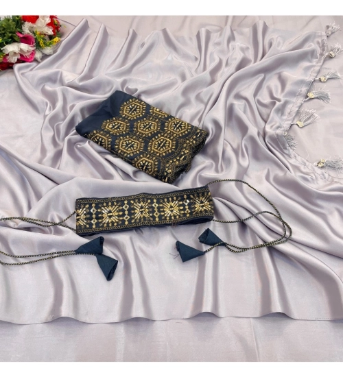 Generic Women's Satin Solid Saree With Unstitched Blouse (Grey, 5-5 Mtrs)