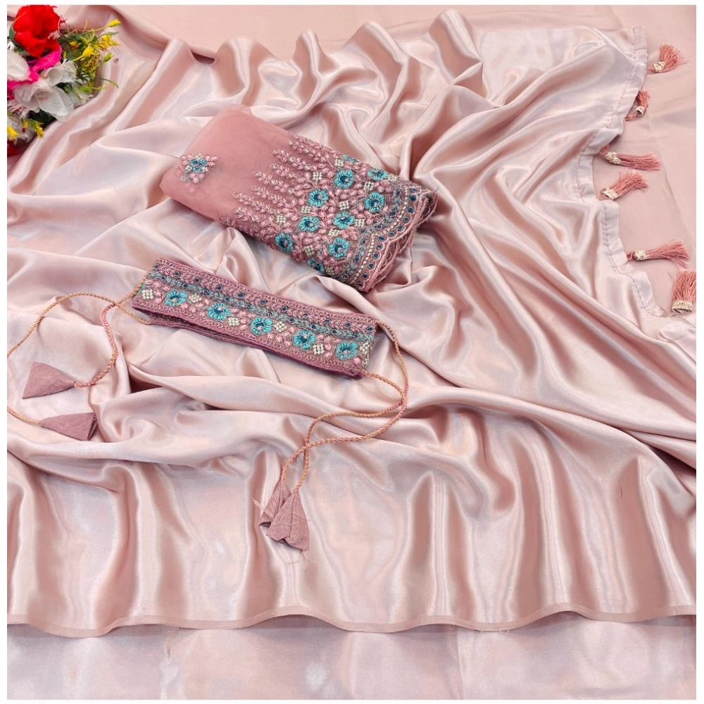 Generic Women's Satin Solid Saree With Unstitched Blouse (Pink, 5-5 Mtrs) Generic Women's Satin Solid Saree With Unstitched Blouse (Pink, 5-5 Mtrs)