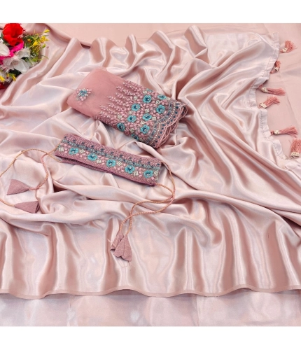 Generic Women's Satin Solid Saree With Unstitched Blouse (Pink, 5-5 Mtrs)