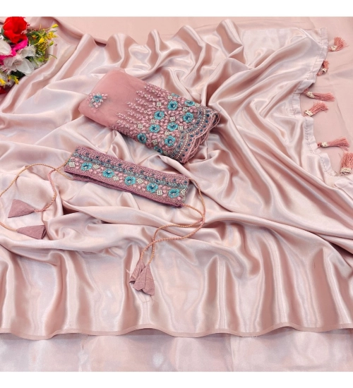 Generic Women's Satin Solid Saree With Unstitched Blouse (Pink, 5-5 Mtrs)