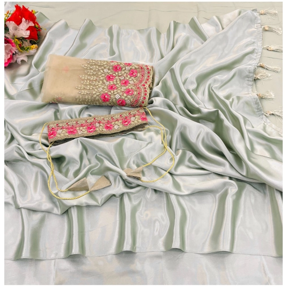 Generic Women's Satin Solid Saree With Unstitched Blouse (Peach, 5-5 Mtrs)