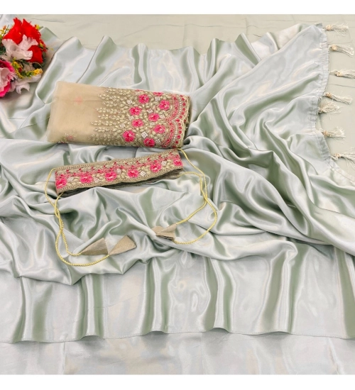 Generic Women's Satin Solid Saree With Unstitched Blouse (Peach, 5-5 Mtrs)