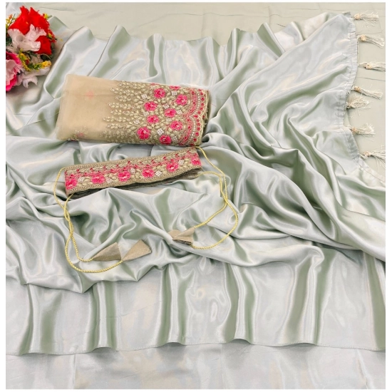 Generic Women's Satin Solid Saree With Unstitched Blouse (Peach, 5-5 Mtrs)